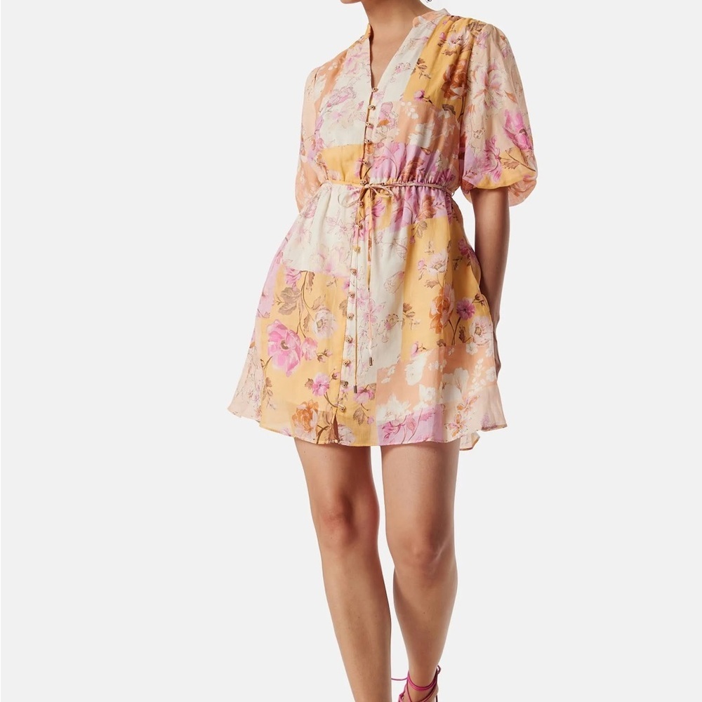 Ever New Floral Puff-Sleeve Pink & Mustard Mini Dress NWT Size 14 - Picture 12 of 16